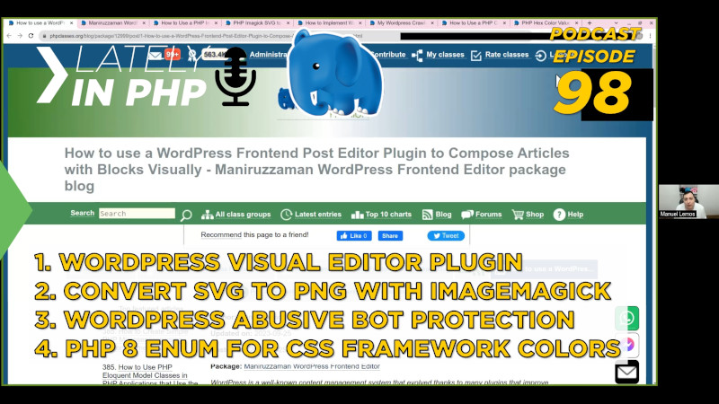 PHP 8 Enums to CSS Colors, WordPress Editor, Bot Protection, SVG to PNG Conversion - 6 minutes - Lately in PHP 98