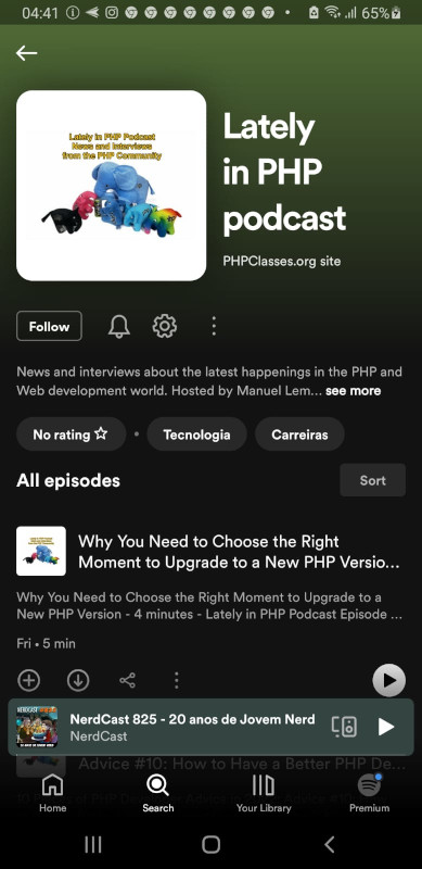 Picture of the Lately in PHP Podcast page in Spotify with the Follow Button