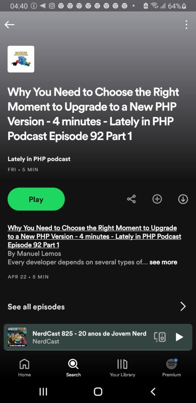 Picture of one Lately in PHP Podcast episode page in Spotify