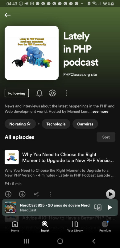 Picture of the Lately in PHP Podcast page in Spotify with the Following message